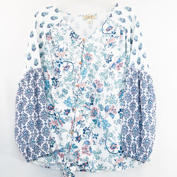 ONE WORLD Tops - ONE WORLD Women's Top Boho Long Sleeve Size M Tie Waist Tunic White Floral